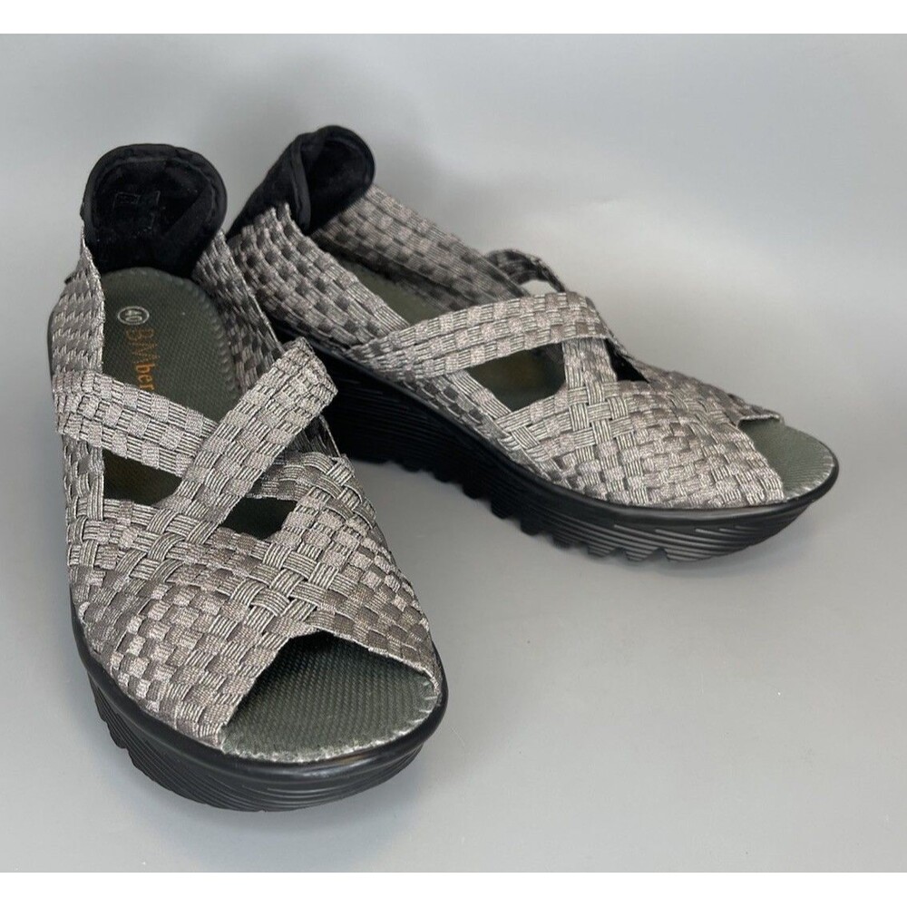 Bernie Mev. Calypso Wedge Sandals Silver Woven Strappy Slip On Size 40 US 9